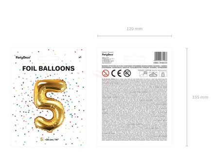 Balon foliowy - Cyfra "5" - Złoty - 35 cm 