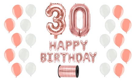 Zestaw Balonów - 30 Urodziny - Różowe Złoto + Biały - 36 elementów
